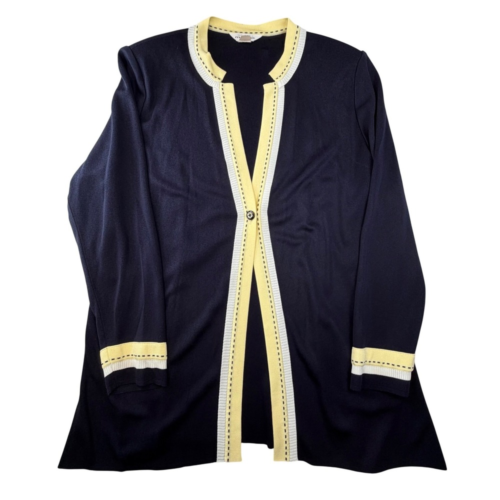 Misook Navy Knit Cardigan Jacket Yellow Trim Single Button Career Travel XL